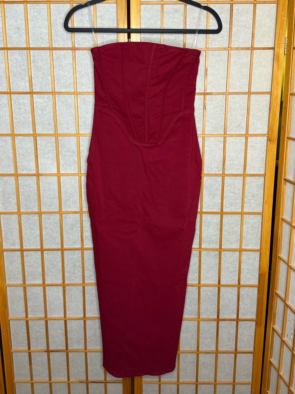 Strapless Midi Dress in Deep Burgundy - Sleek Bodycon Style